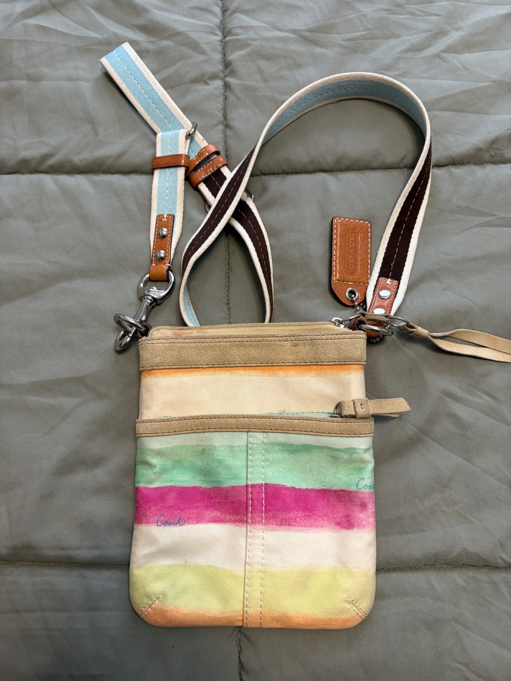 Coach Canvas Stripe Crossbody in Pink, Green, Yellow and Tan